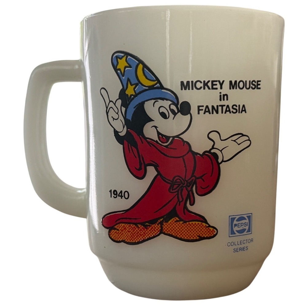 Vintage Mickey Mouse Fantasia Milk Glass Mug Pepsi Anchor Hocking 1979